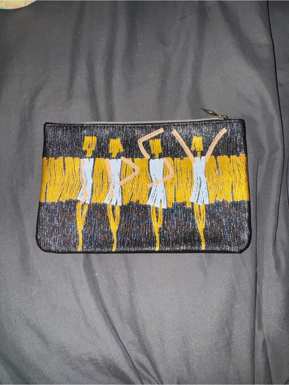 ipsy Black Zip Pouch with Yellow & Dance Embroidery